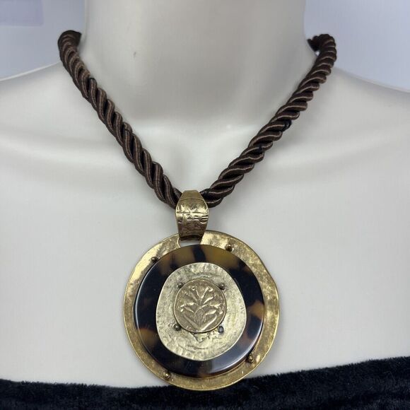 Chico’s Necklace Reversible Tortoise Print Brown Cord Pendant Brass Tone Coin - Picture 1 of 7